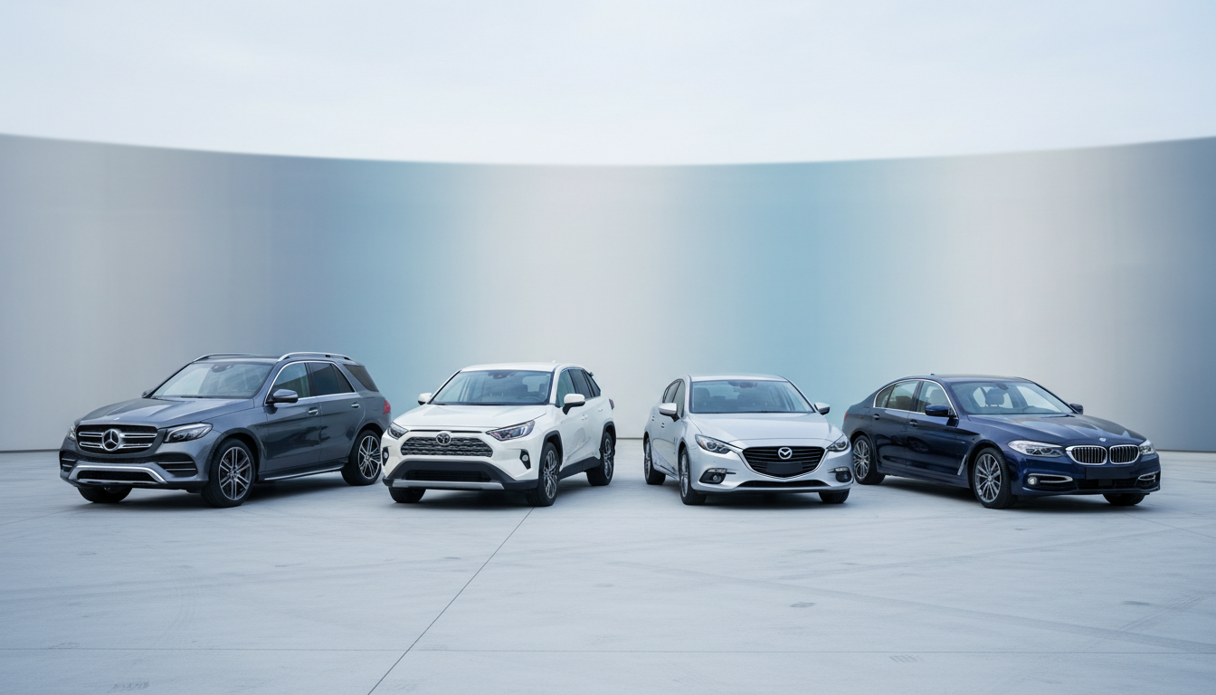 A perfectly staged row of four used vehicles—Mercedes SUV, Rav 4, Mazda hatchback, and BMW sedan—each in muted contemporary shades (charcoal, pearl white, metallic silver, and deep navy). The cars are elegantly spaced in a modern export lot with smooth, neutral paving and subtle gradient walls receding into blurred distance. Ambient soft daylight with cool undertones highlights each vehicle’s unique silhouette and finishes. Shot from a slightly elevated angle with sharp focus, the refined, balanced composition communicates variety, trustworthiness, and premium selection, with a photographic and minimalist aesthetic tailored for a sophisticated audience.