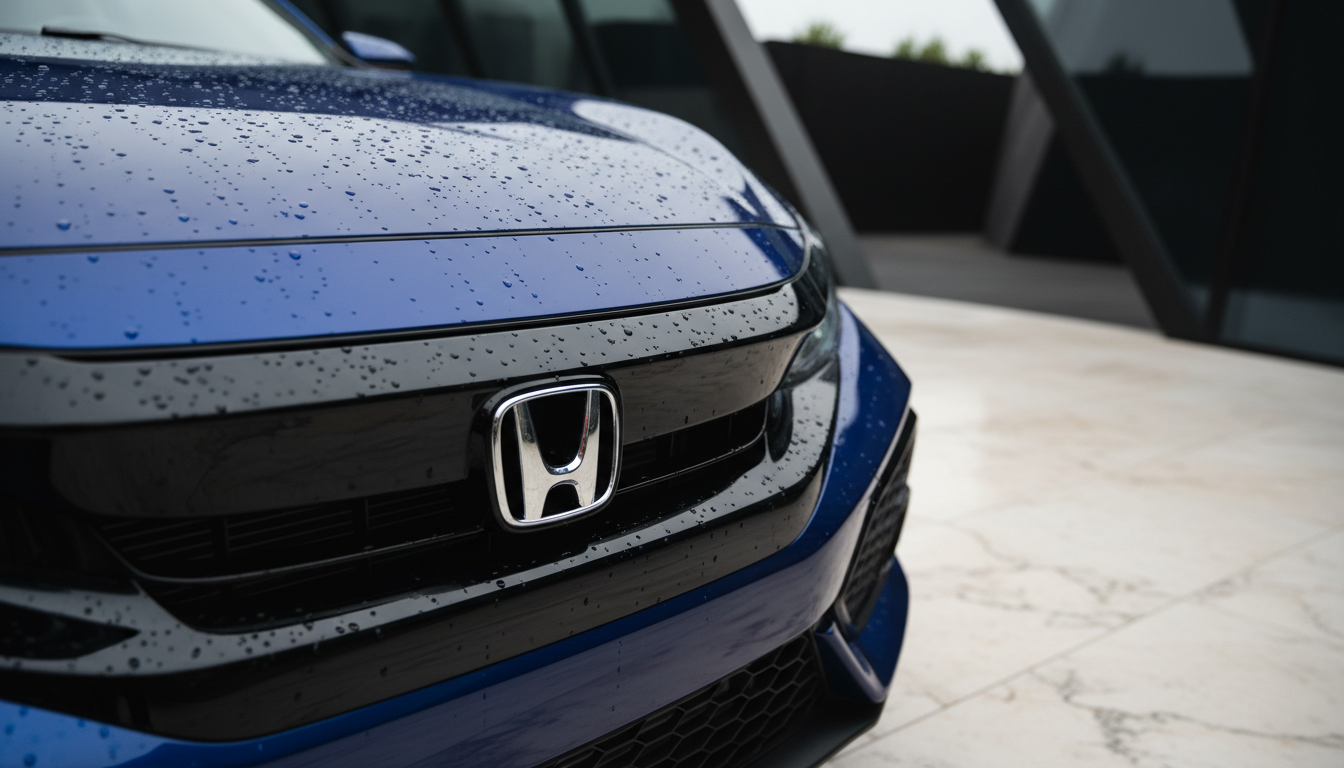 A close-up of a glossy, deep blue 2022 Honda hatchback hood with subtle water droplets, showcasing intricate detailing of the Honda emblem and crisp, sculpted lines. The car is positioned outdoors on a smooth, ivory stone platform, surrounded by shadowy, abstract architectural elements that frame the scene. Soft, overcast daylight creates a diffused, even illumination that gently reveals the color’s depth and the surface’s rich texture without harsh contrasts. Shot from a low, three-quarter angle, the composition uses shallow depth of field to focus attention while softly blurring the background. The image conveys a composed, sophisticated mood with minimalist, photographic style.
